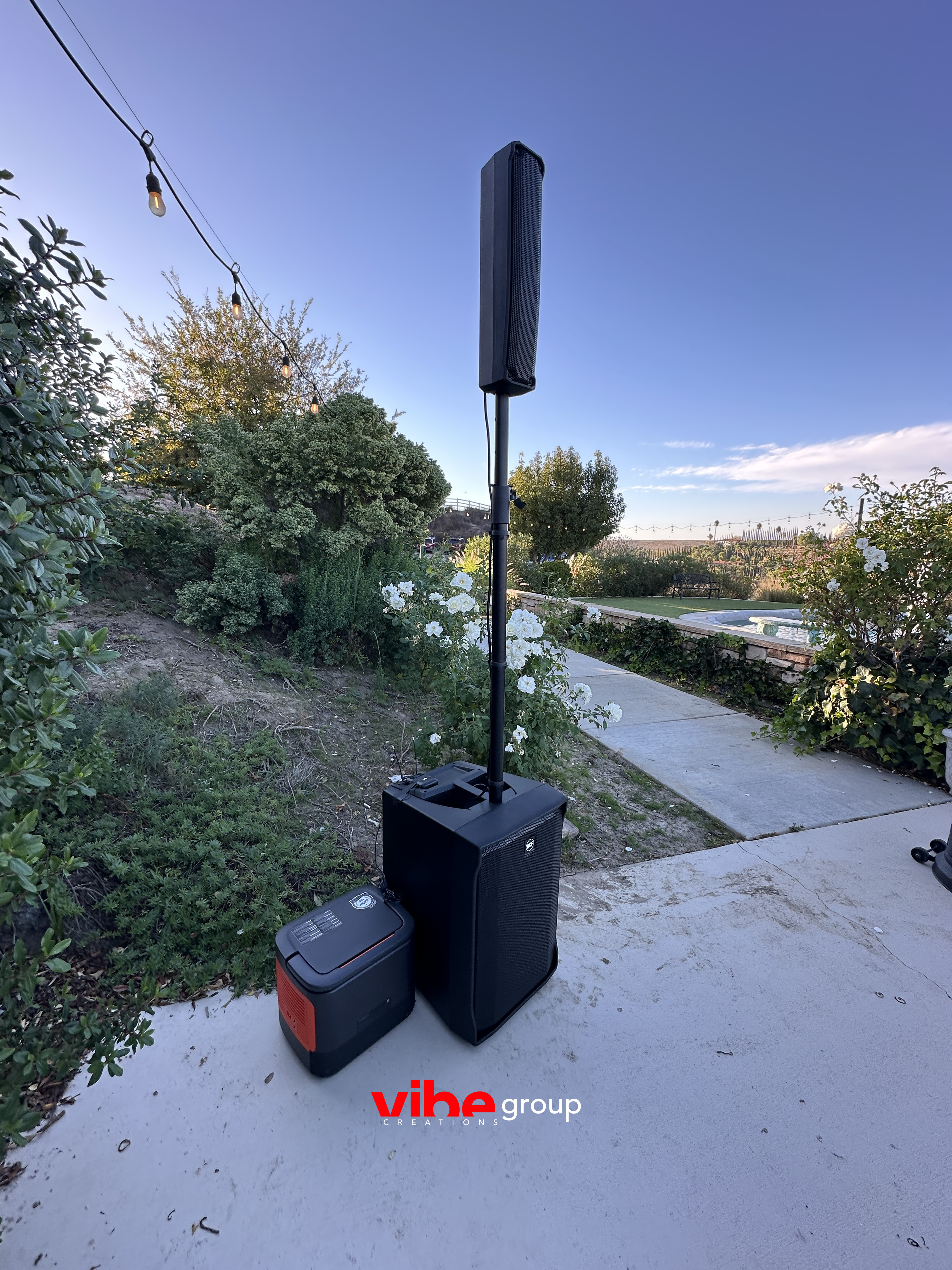 Cocktail hour sound system at an outdoor venue